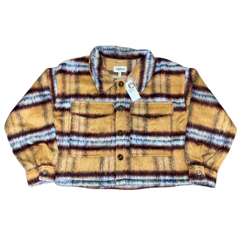 NOT FOR SALE Vigoss Women's Jacket Crop Brushed Plaid Tan Size Large NWT